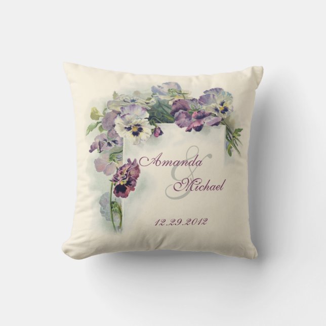 Purple pansies wedding square throw pillow (Front)