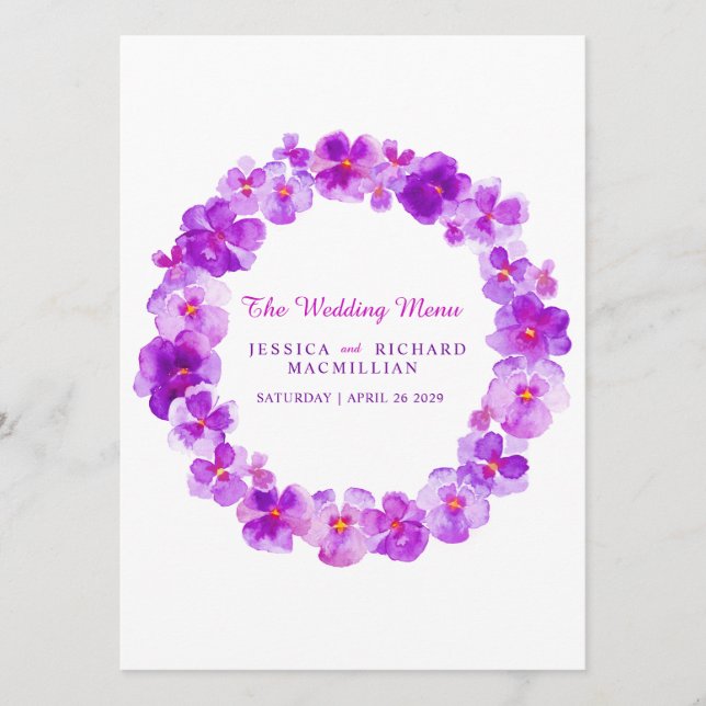 Purple pansy art flower wreath art wedding menu (Front)