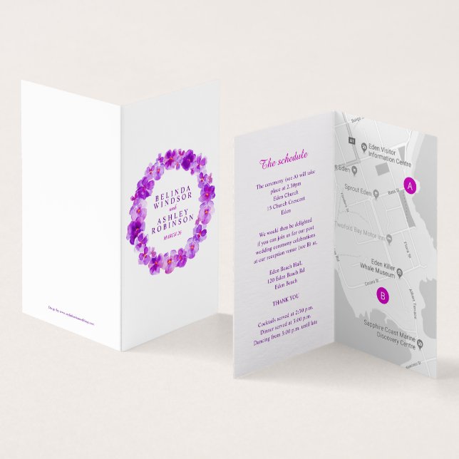 Purple pansy art wedding details schedule map (Inside and Outside)