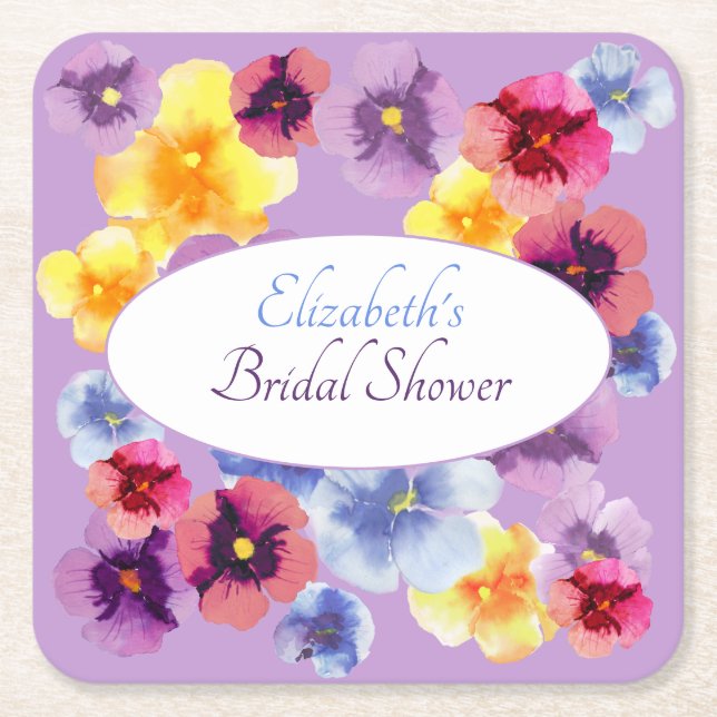 Purple Pansy Boho Floral Bridal Shower Square Paper Coaster (Front)