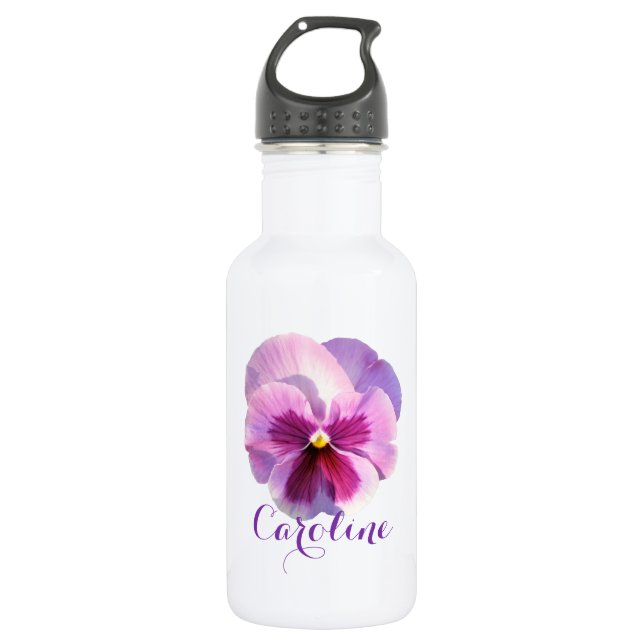 Purple Pansy Custom Name Water Bottle (Front)