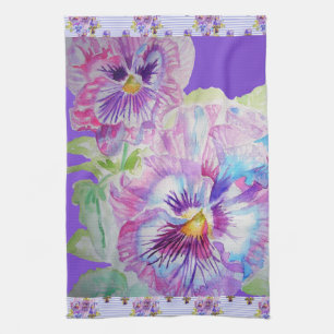 Purple Pansy floral flowers Watercolor Tea Towel