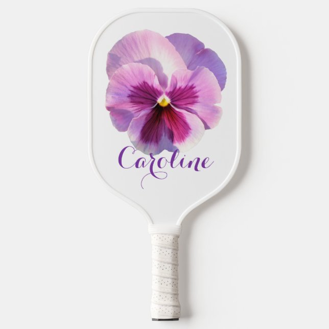 Purple Pansy Flower Custom Name Pickleball Paddle (Front)