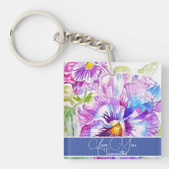 Purple Pansy Flower Floral Womans Name Birthday Key Ring (Front)
