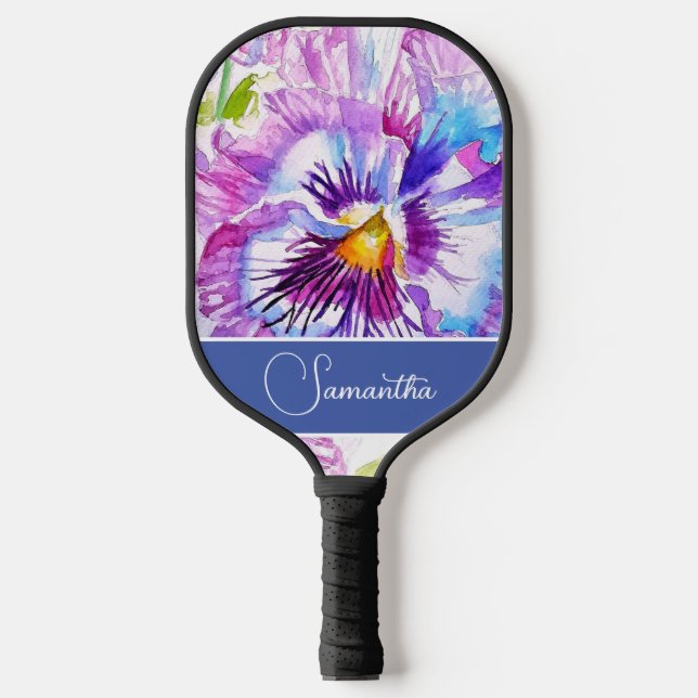Purple Pansy Flower Floral Womans Name Love You Pickleball Paddle (Front)