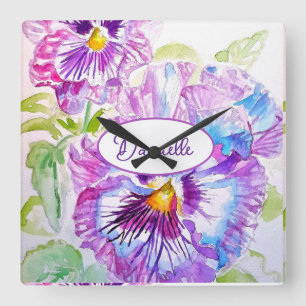 Purple Pansy Flower Pattern Watercolor Girls Clock