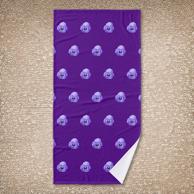 Purple Pansy Flower Seamless Pattern on Bath Towel (Purple Pansy flower seamless pattern on bath towel.)