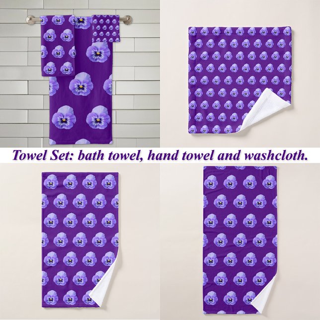 Purple Pansy Flower Seamless Pattern on Bath Towel Set (Purple Pansy flower seamless pattern on bath towel set: wash cloth, hand towel and bath towel)