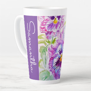 Purple Pansy Flower Watercolor Womans Name Pansies Latte Mug