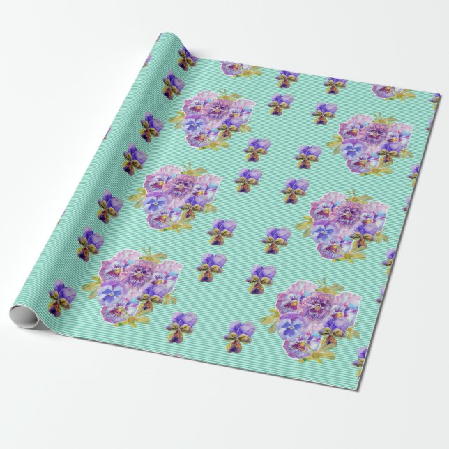 Purple Pansy flowers floral Aqua Stripe Wrapping Wrapping Paper (Unrolled)