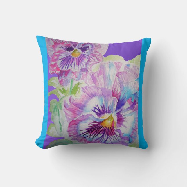 Purple Pansy Flowers Floral Blue decor Cushion (Front)