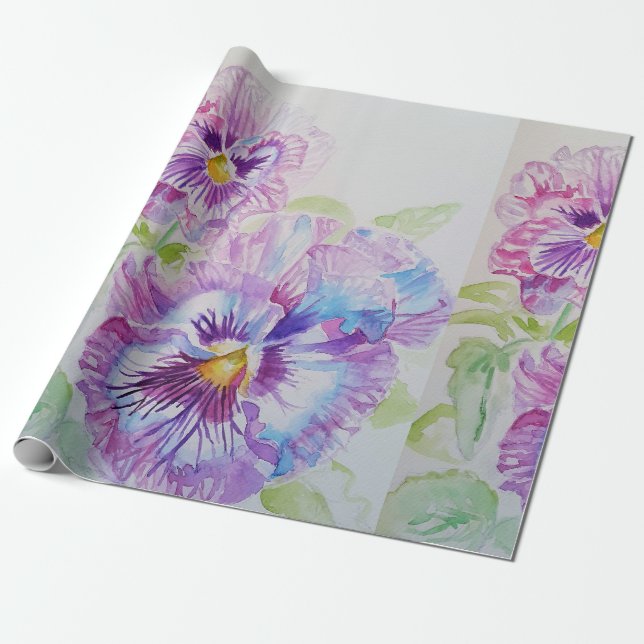 Purple Pansy flowers floral Watercolor Wrapping Paper (Unrolled)