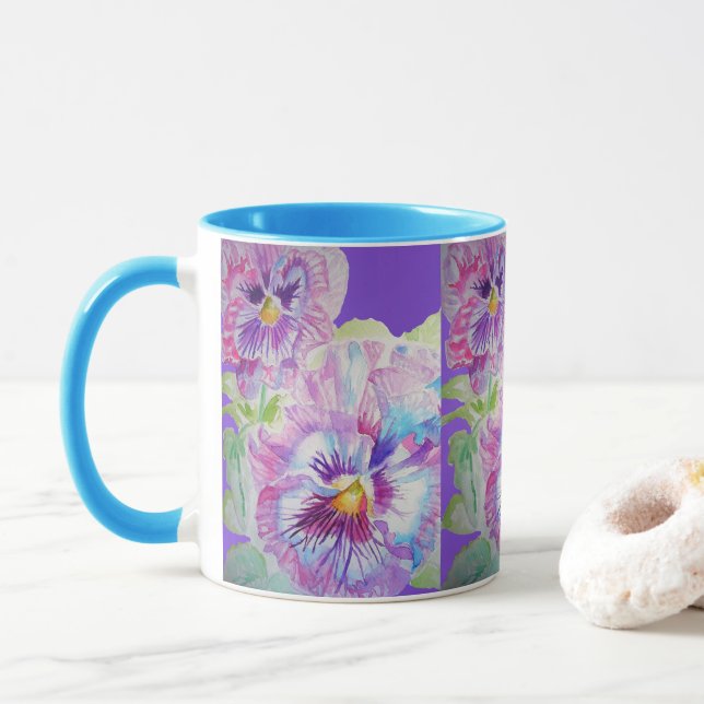 Purple Pansy Flowers Mum Daughter Mug (With Donut)