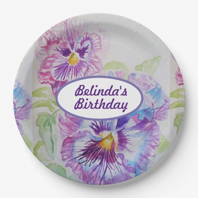 Purple Pansy Flowers Pattern Birthday Party Plate (Front)