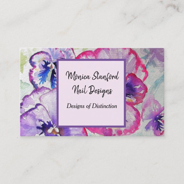 Purple Pansy Flowers Watercolour Business Card (Front)