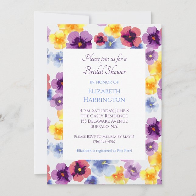 Purple Pansy Hand-Illustrated Floral Bridal Shower Invitation (Front)