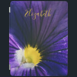 Purple pansy macro photograph elegant iPad cover<br><div class="desc">Modern and elegant iPad cover featuring an original macro photograph of a beautiful purple and yellow pansy flower.
Easily customisable by adding your name or text of your choice on a yellow calligraphy font.</div>