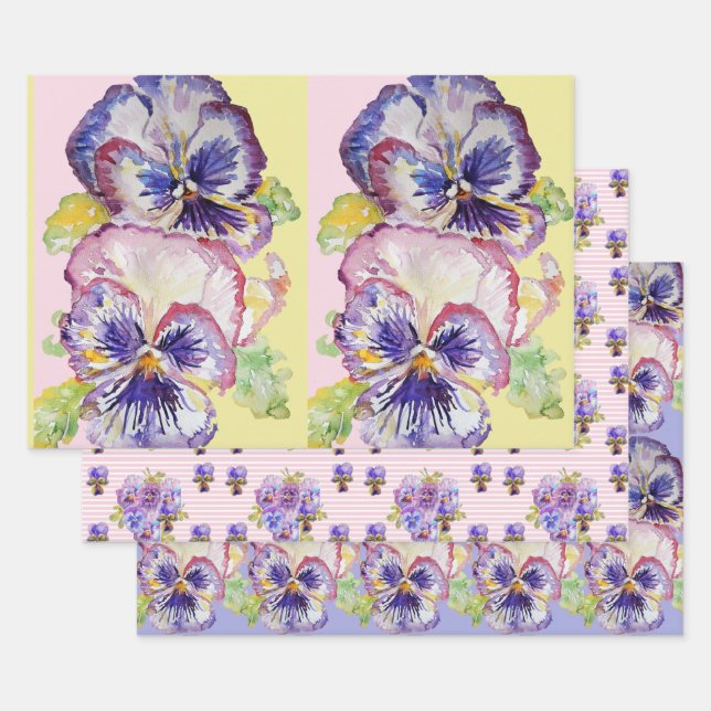 Purple Pansy Pansies flower Watercolor Painting Wrapping Paper Sheet (Set)