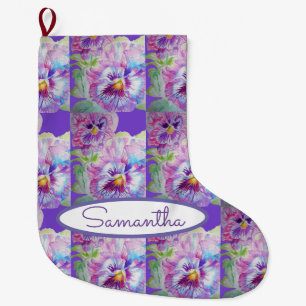 Purple Pansy Pansies Violet Floral Flowers Art Large Christmas Stocking