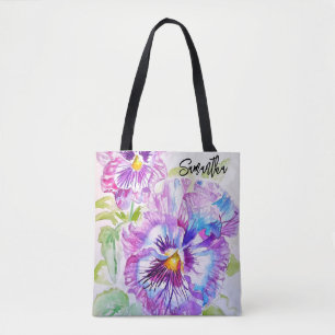 Purple Pansy Pansies Watercolor Art Tote Bag