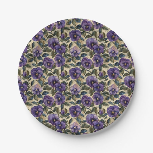Purple Pansy Paper Plate Party Tableware (Front)