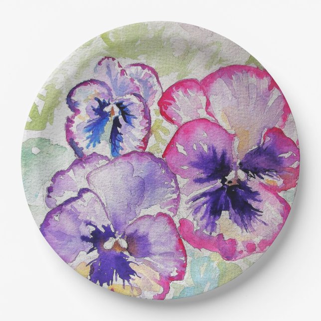 Purple Pansy Pink Flower Floral Watercolor Paper Plate (Front)