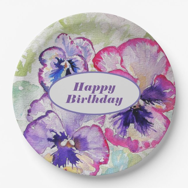 Purple Pansy Pink Flower Floral Watercolor Paper Plate (Front)
