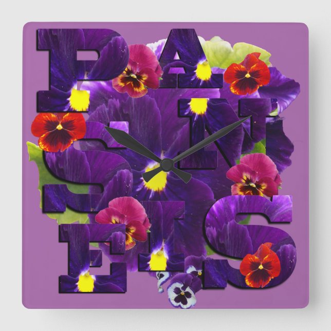 Purple Pansy Typography, Square Wall Clock (Front)
