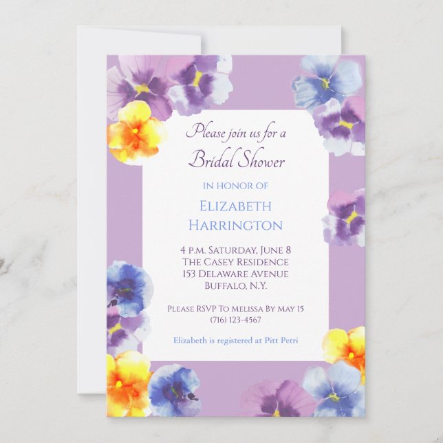 Purple Pansy Watercolor Boho Bridal Shower Invitation (Front)