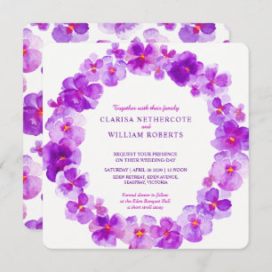 Purple pansy watercolor flower wedding invitations