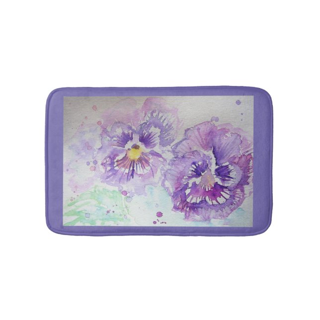 Purple Pansy Watercolour Pansies floral Bath Mat (Front)