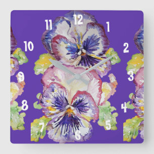 Purple Pansy Watercolour Womans Office Clock
