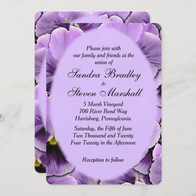 Purple Pansy Wedding Invitation (Front/Back)