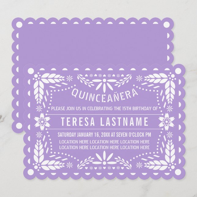 Purple papel picado flowers Quinceañera Invitation (Front/Back)