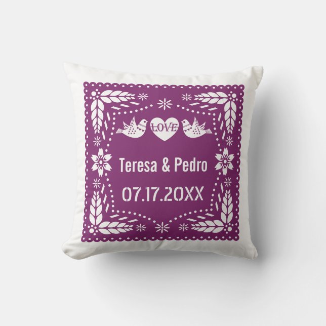 Purple papel picado love birds wedding fiesta cushion (Front)