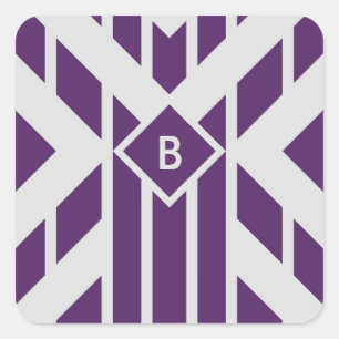 Purple Parallelogram Stripes on Grey with Monogram Square Sticker