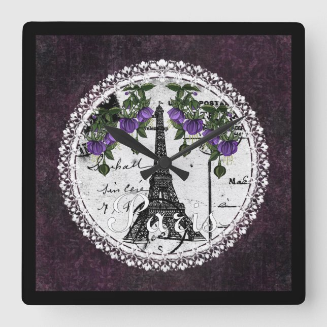 Purple Paris Floral Square Wall Clock (Front)