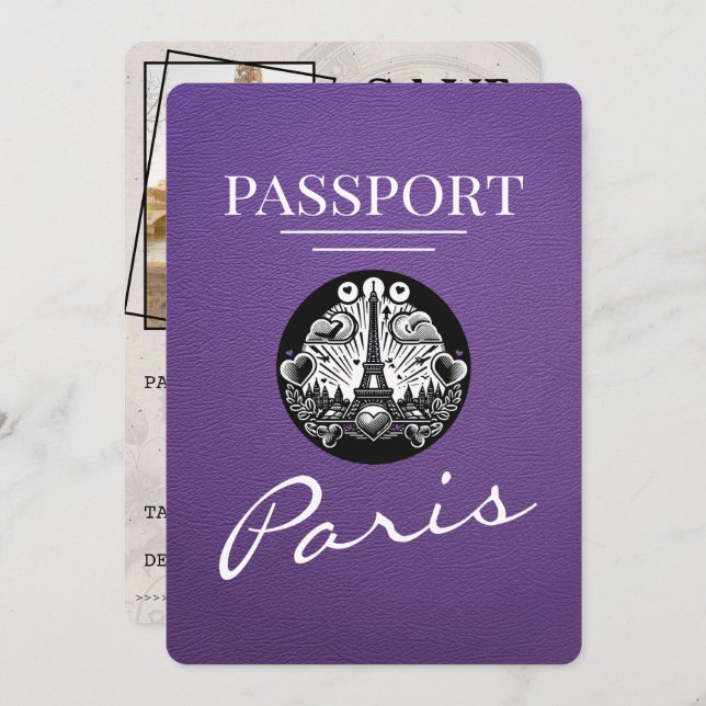 Purple Paris Passport Save The Date (Front/Back)