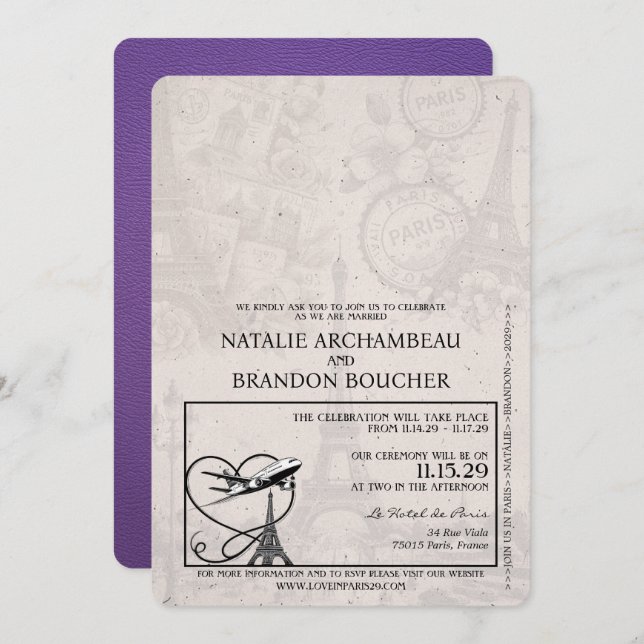 Purple Paris Passport Wedding Invitation (Front/Back)