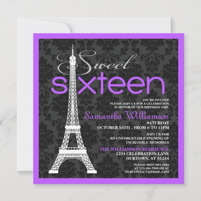 Purple Paris Sweet 16 Invitations (Front)