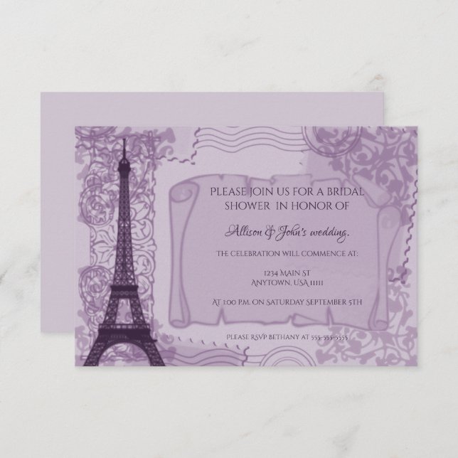 Purple Parisian Bridal Shower Invitation (Front/Back)