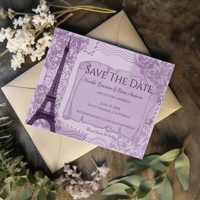 Purple Parisian Save The Date Announcement (Purple Parisian Save the Date)
