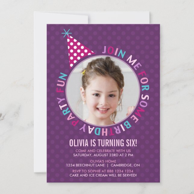 Purple Party Hat Kids Birthday Party Invitation (Front)