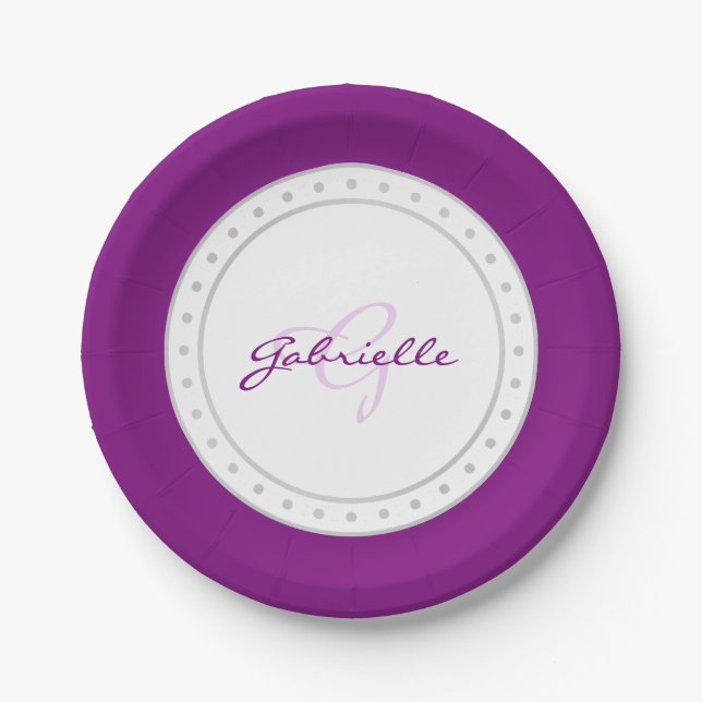Purple Party | Name Violet Plum White Script | Paper Plate (Front)