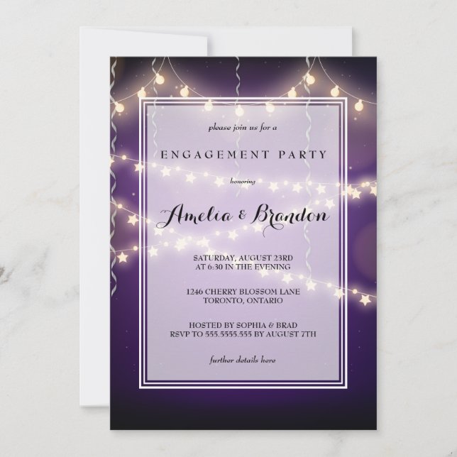Purple Party Starry Lights Engagement Invitation (Front)