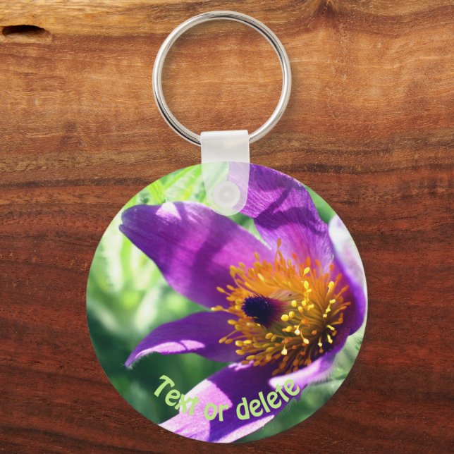 Purple Pasque Flower Personalised Key Ring (Front)