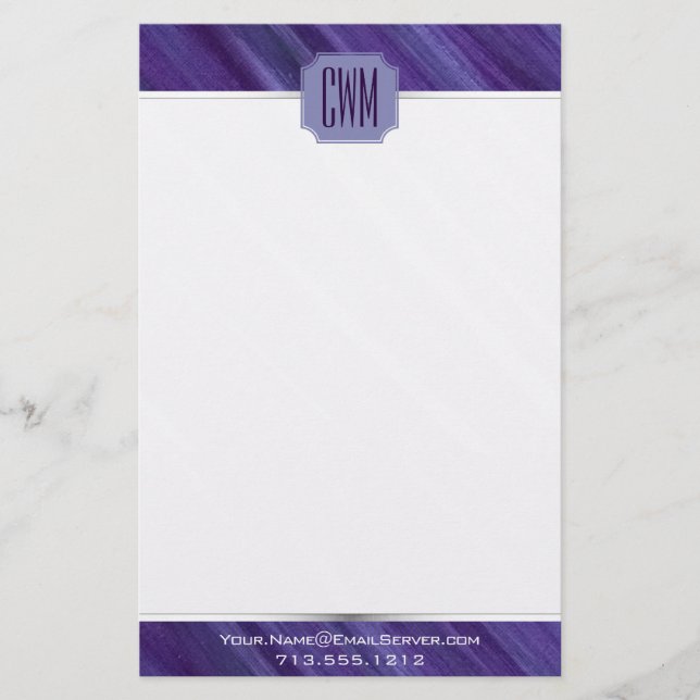 Purple Passion | Violet Plum Brushstroke Monogram Stationery (Front)