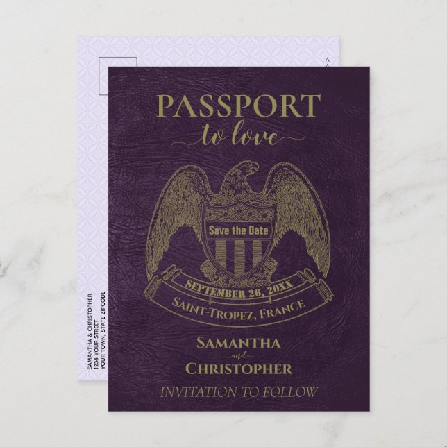 Purple Passport Cute Fun Wedding Save the Date Announcement Postcard (Front/Back)