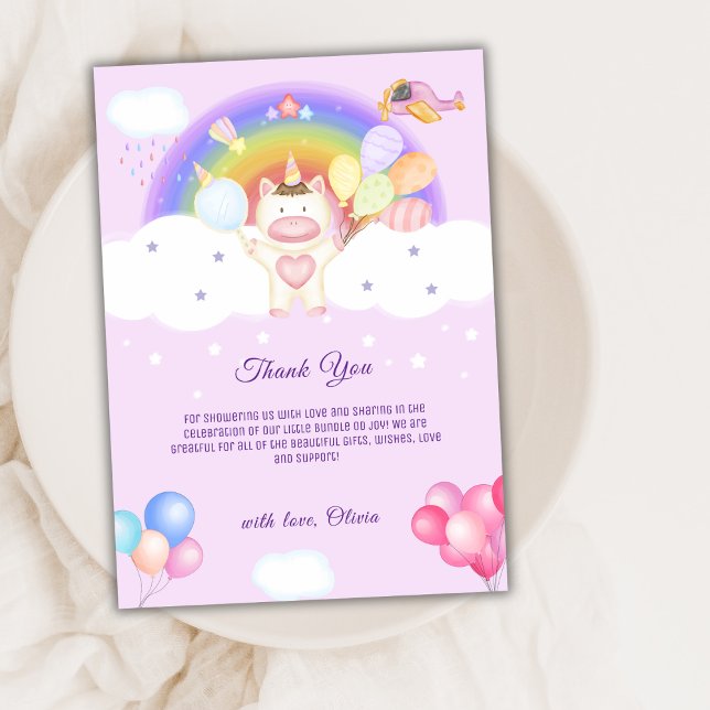 Purple Pastel Balloon Unicorn Rainbow Baby Shower Thank You Card (Purple Pastel Balloon Unicorn Rainbow Baby Shower Thank You Card)