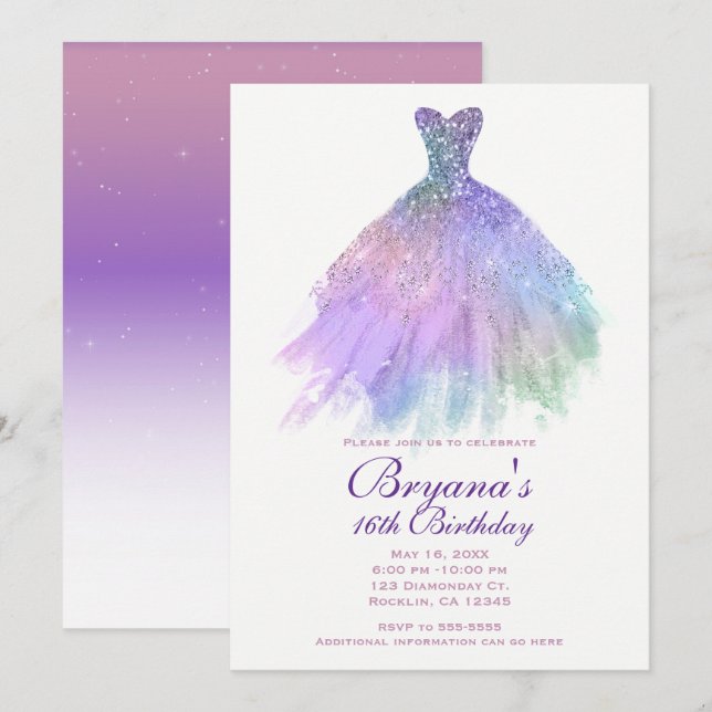 Purple Pastel Glitter Glam Dress Sweet 16 Party Invitation (Front/Back)